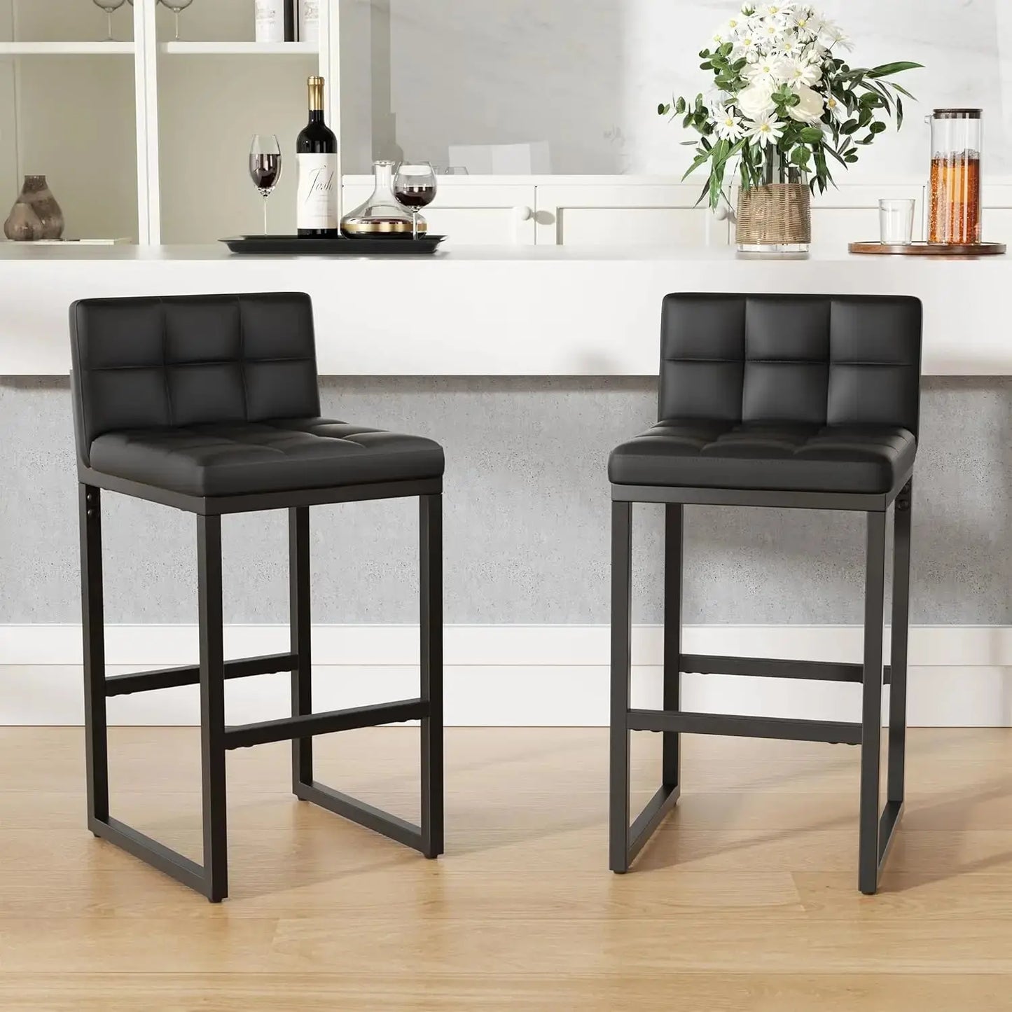 Modern Faux Leather Counter Height Bar Stools with Low Back and Footrest, Set of 2 comfydesigners