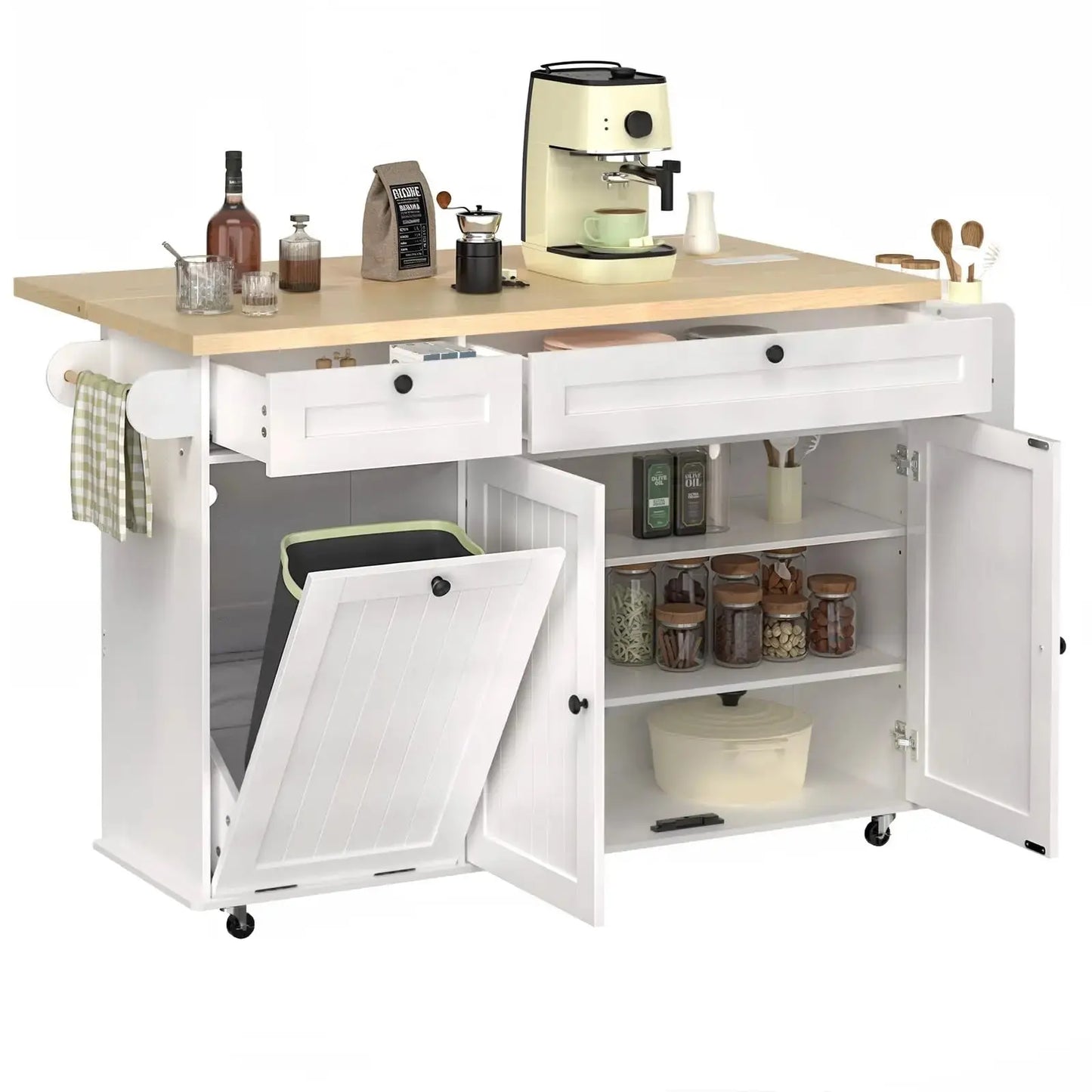 Where Preparation Meets Perfection — Rolling Drop-Leaf Kitchen Island with Power Outlet & Complete Storage comfydesigners
