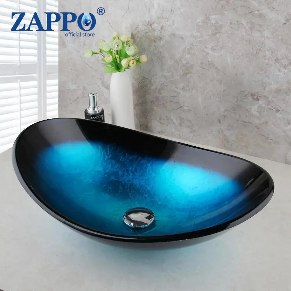 Hand-Painted Tempered Glass Vessel Sink with Waterfall Black Faucet | 22" Countertop Bathroom Sink comfydesigners