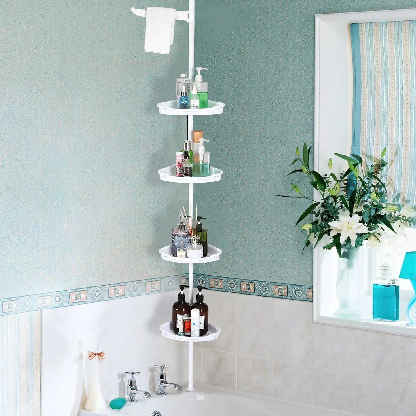 Your Shower. Finally Organized. — 4-Tier Tension Pole Corner Shower Caddy with Self-Draining Shelves comfydesigners