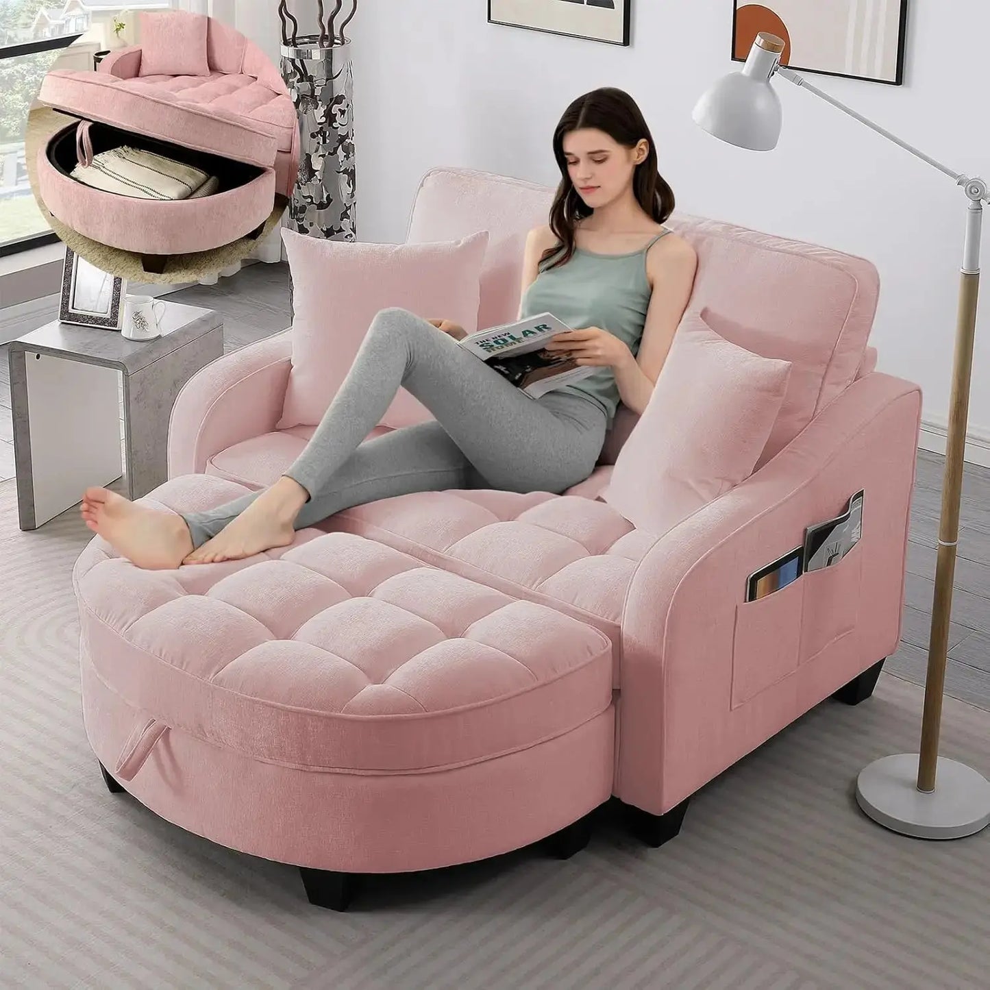 Oversized Chenille Chaise Lounge with Ottoman comfydesigners