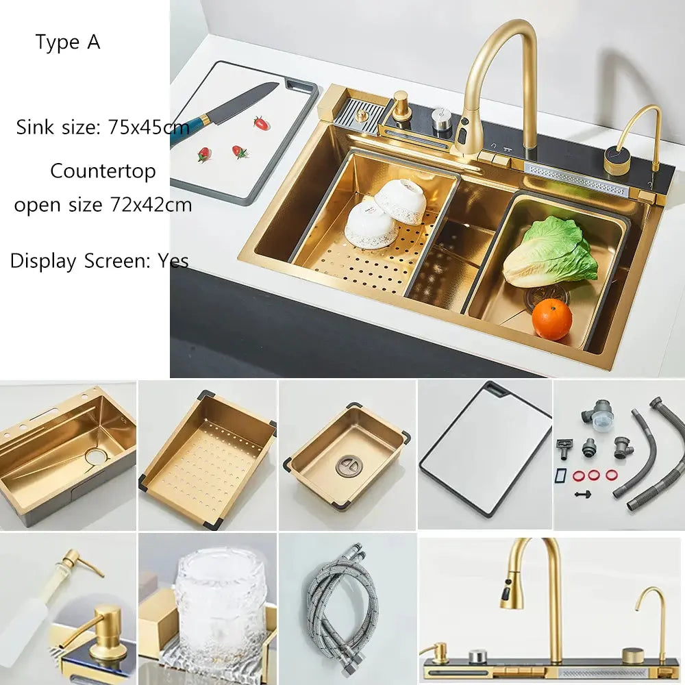 Waterfall Kitchen Sink Set with Built-In Water Purifier | Stainless Steel, Digital Display & Slide Rail — 3 Finishes comfydesigners