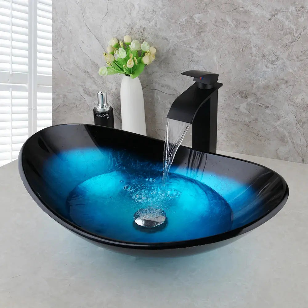 Hand-Painted Glass Vessel Sink with Waterfall Faucet | Oversized Oval Countertop Bathroom Sink comfydesigners