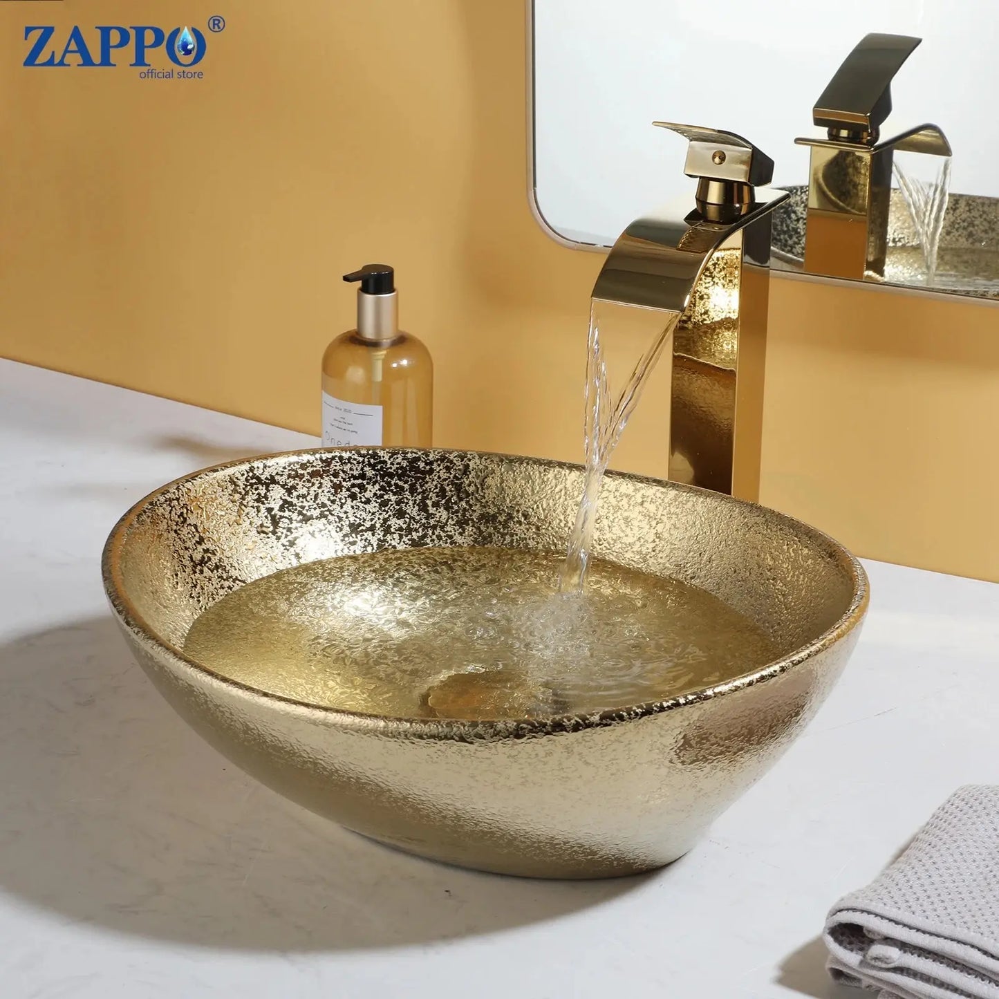 Hand-Painted Marble Ceramic Vessel Sink with Antique Brass Waterfall Faucet | Countertop Bathroom Sink comfydesigners