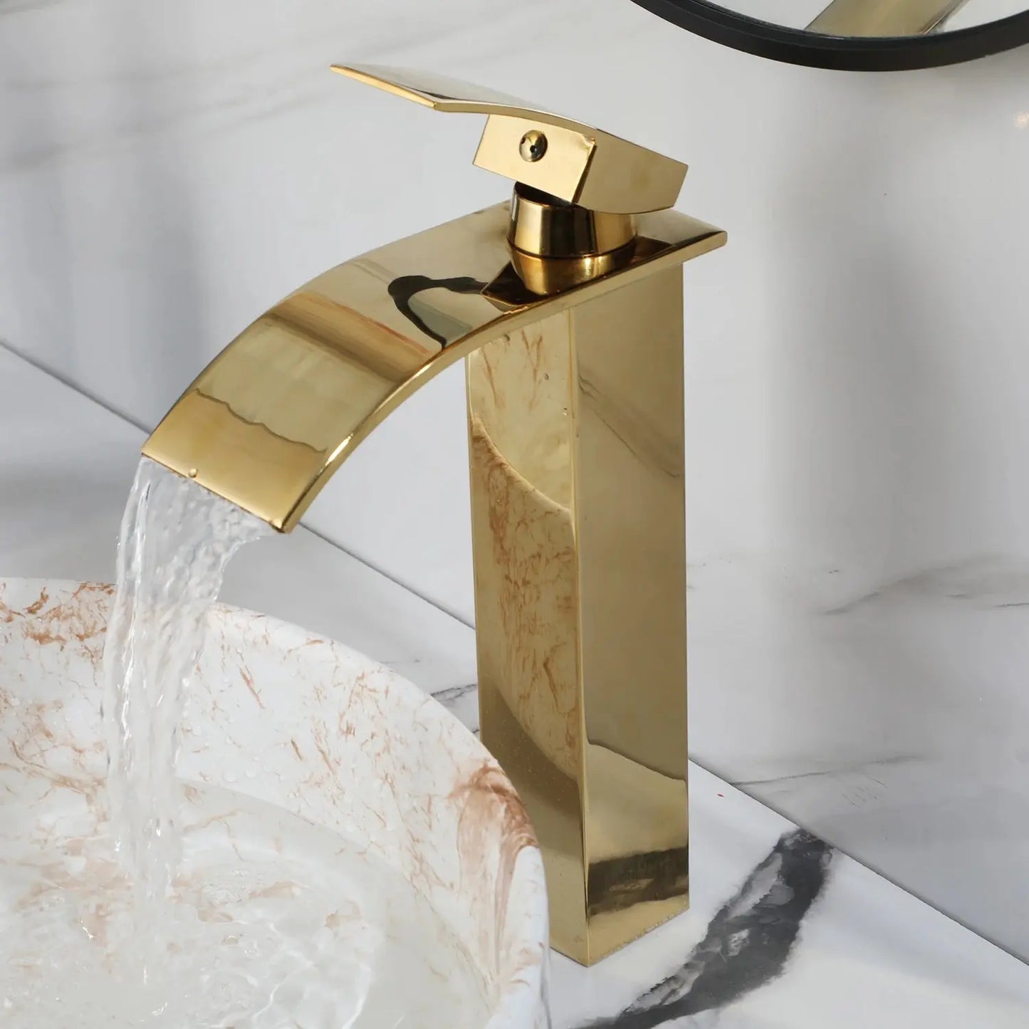 White Marble Ceramic Round Vessel Sink with Gold Waterfall Faucet | Countertop Bathroom Sink comfydesigners