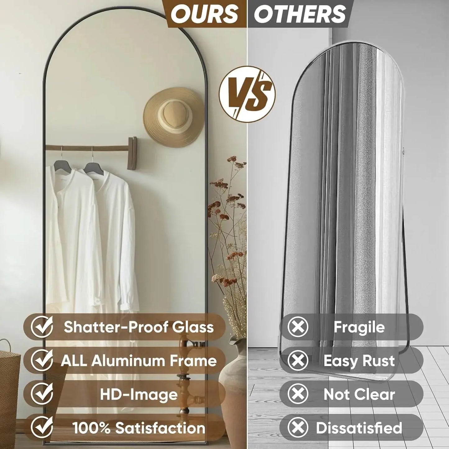 58" Arched Full Length Floor Mirror | HD Glass, Aluminum Alloy Frame — Gold & Black comfydesigners