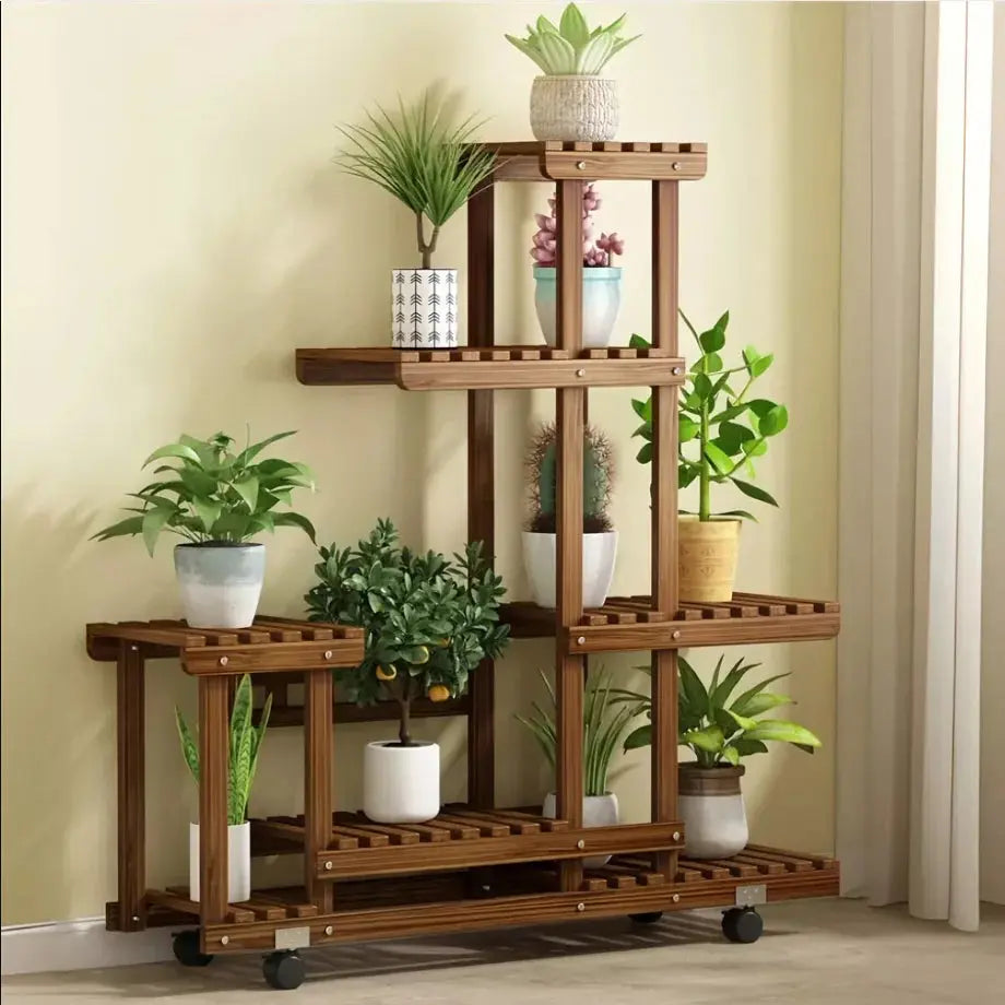 Multi-Layer Wood Plant Stand Outdoor/Indoor Rolling Flower Pot Holder comfydesigners