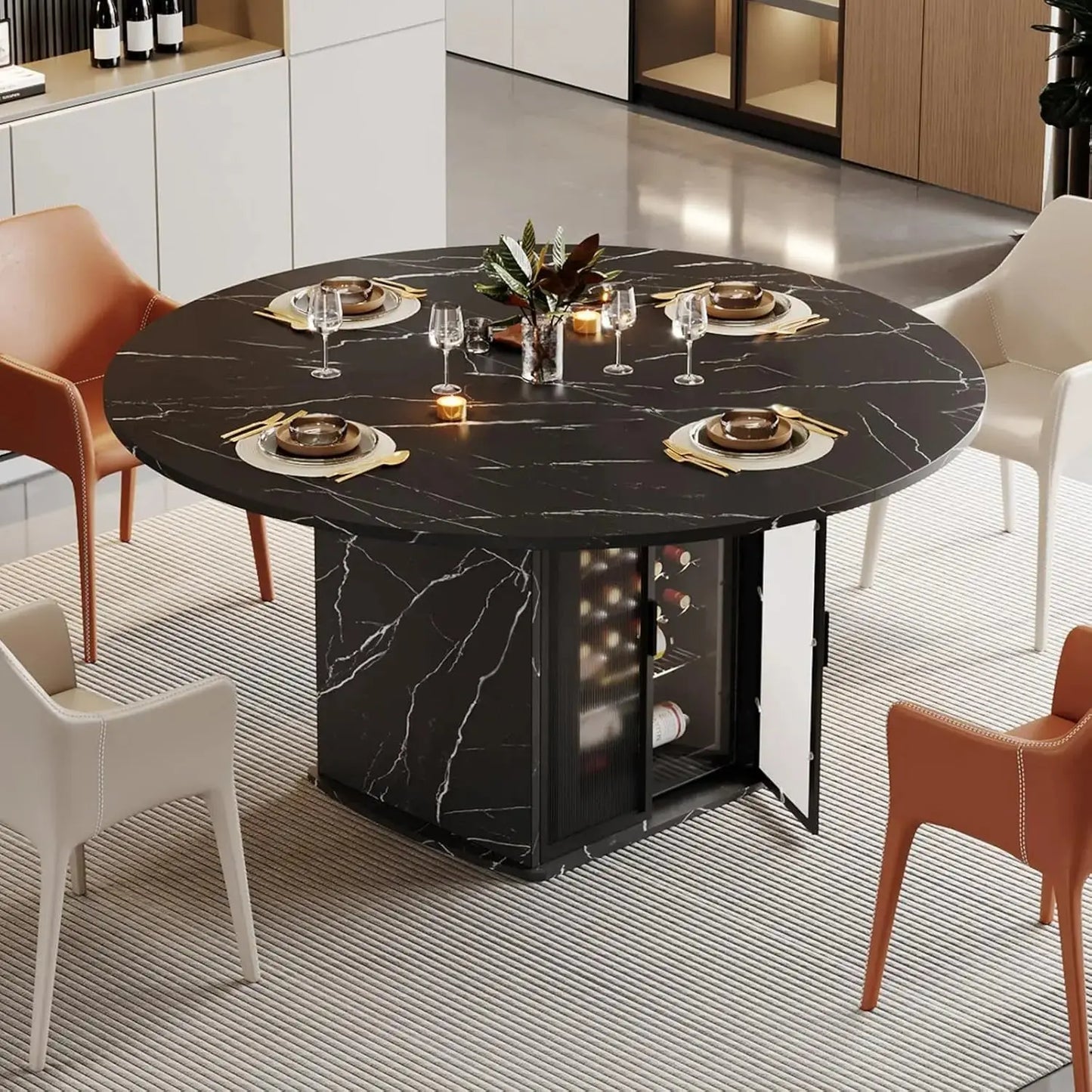 Round Black Faux Marble Dining Table with Storage comfydesigners