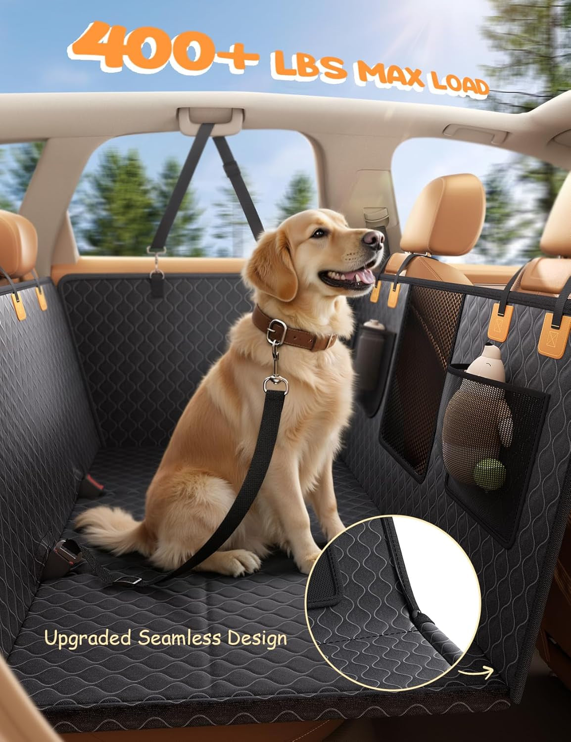 Dog Car Seat Cover for Back Seat with Hard Bottom for Car & SUV L | Upgraded Anti-Ripped Back Seat Extender for Dogs, Waterproof Dog Hammock for Car with Mesh Window, Pet Backseat Protector