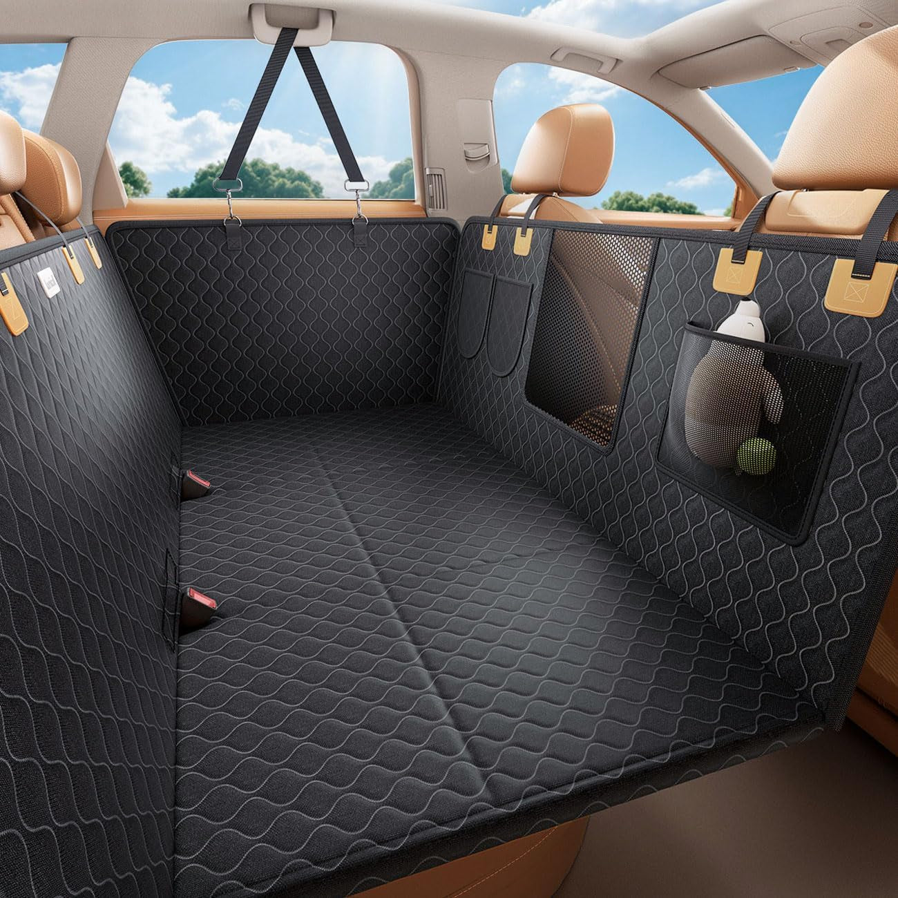 Dog Car Seat Cover for Back Seat with Hard Bottom for Car & SUV L | Upgraded Anti-Ripped Back Seat Extender for Dogs, Waterproof Dog Hammock for Car with Mesh Window, Pet Backseat Protector