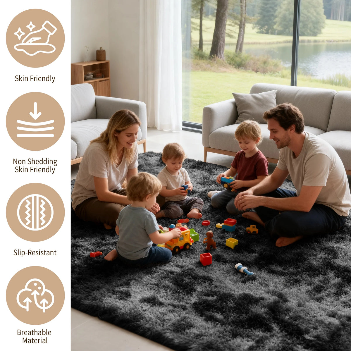 Plush Shag Area Rug, 5x8, Black Gray