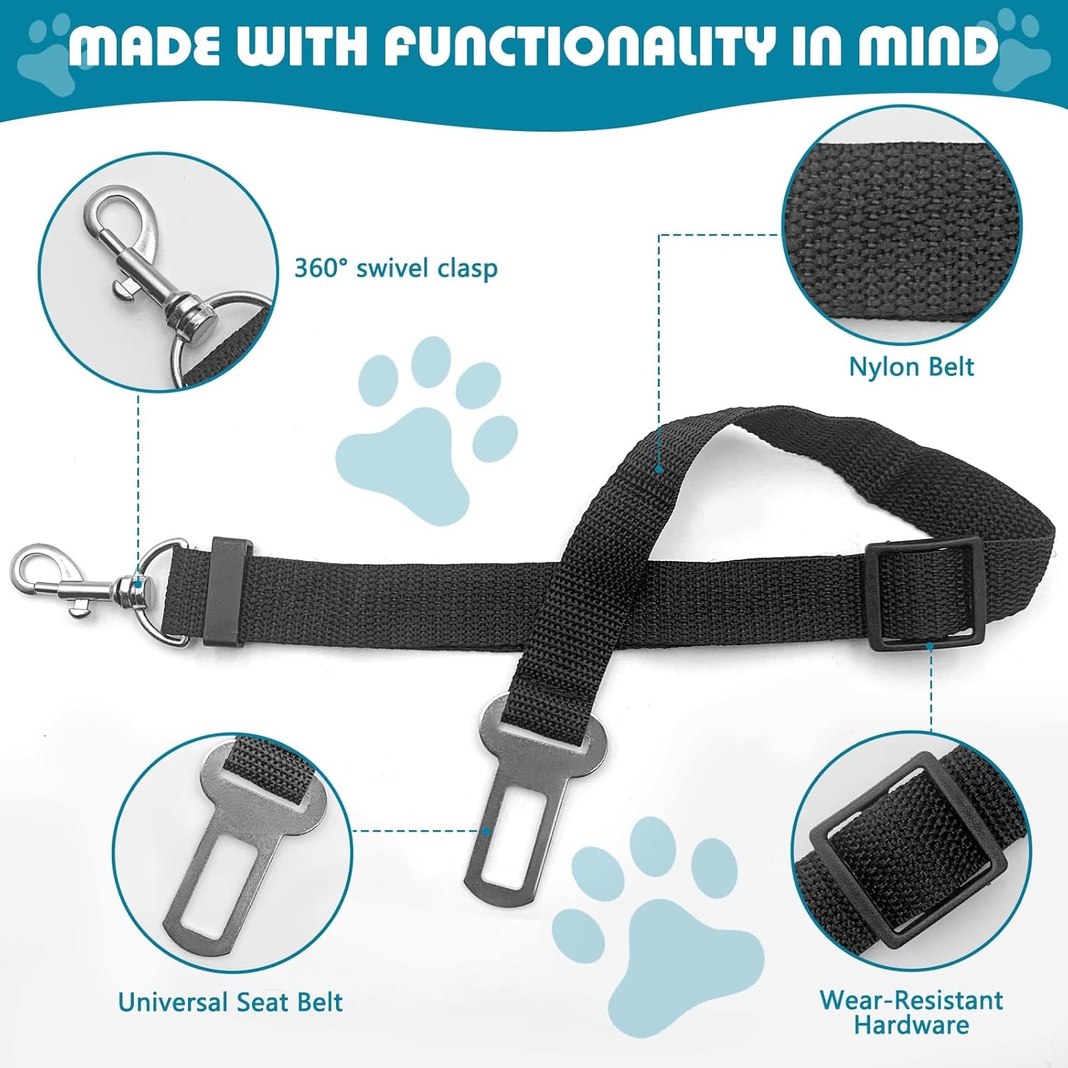 2 Pack Adjustable Dog Car Seat Belt, Heavy Duty Nylon Pet Safety Leash