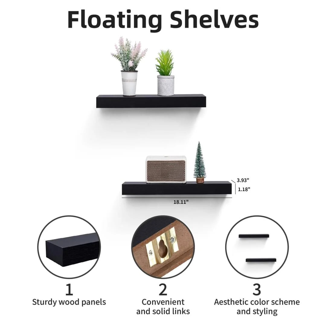 Floating Shelves 15.75 Wall Mounted Wood Shelves for Bathroom, Bedroom, Living Room, Kitchen, Hanging Shelf for Books Storage Decor with Invisible Brackets, Built-In LED Lighting, Black