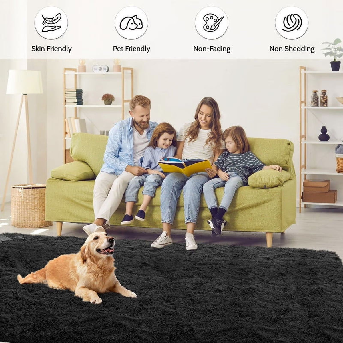Plush Shag Area Rug, 8x10, Black