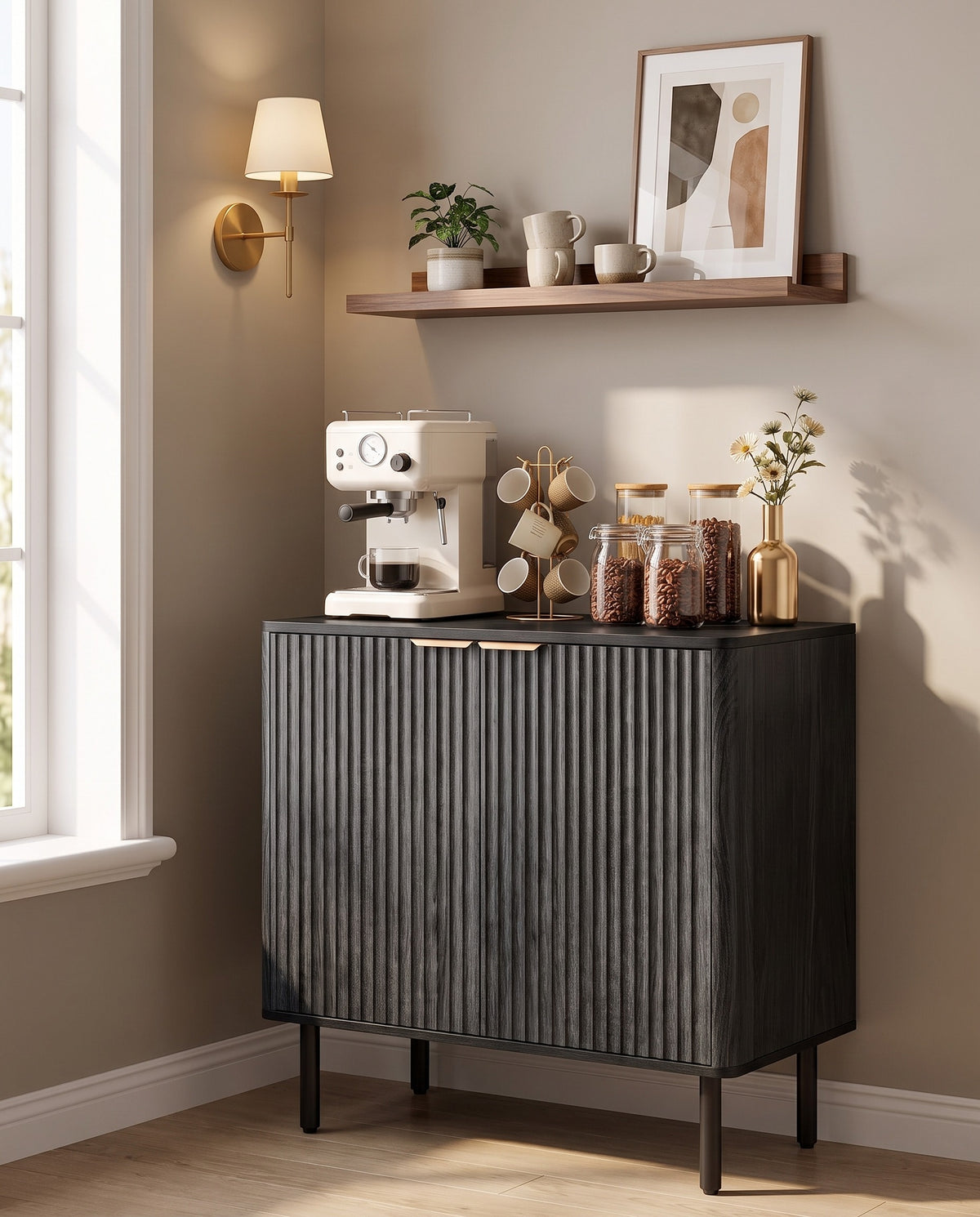 Black Fluted Mid-Century Coffee Bar Cabinet