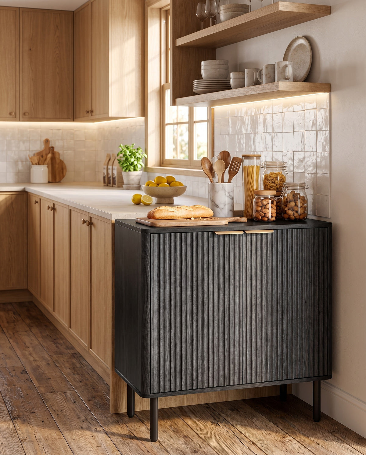 Black Fluted Mid-Century Coffee Bar Cabinet