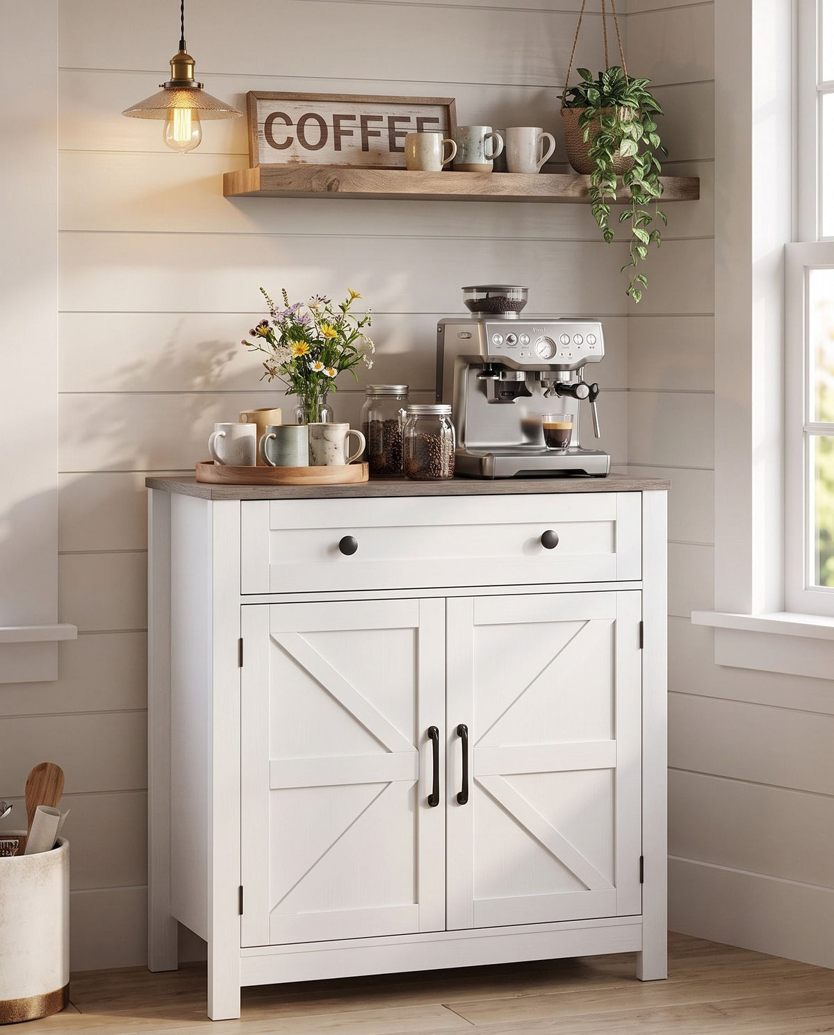 White Farmhouse Coffee Bar Cabinet