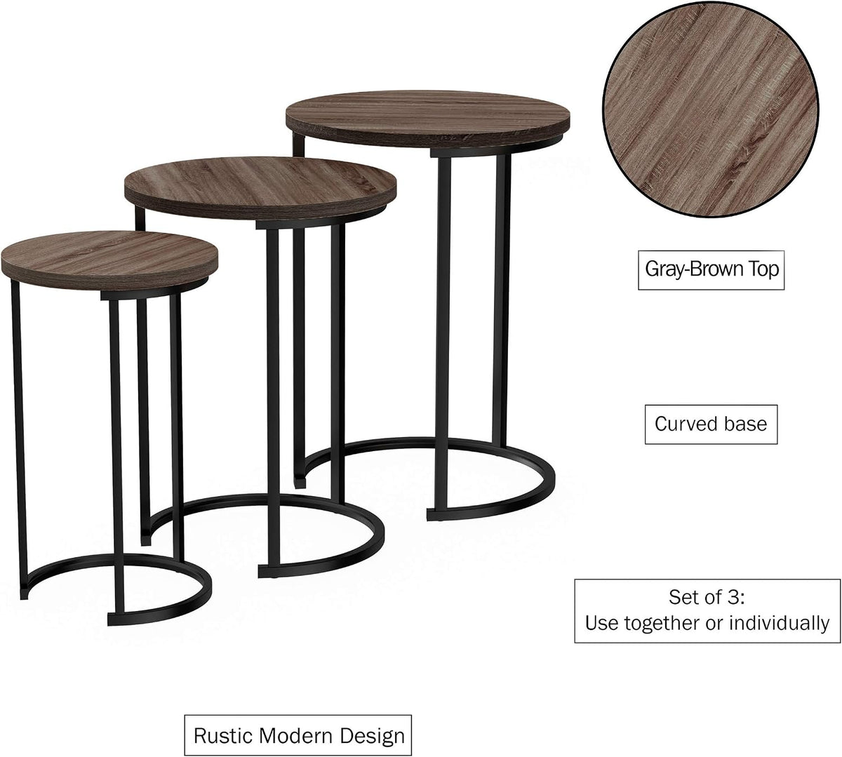 Round Nesting Tables, Set of 3, Gray-Brown