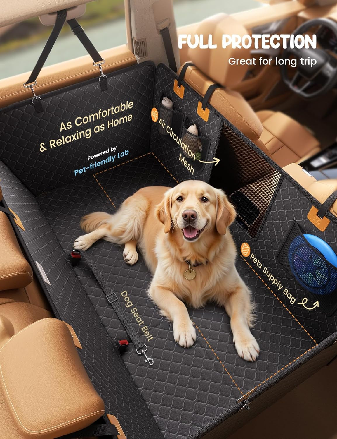 Dog Car Seat Cover for Back Seat with Hard Bottom for Car & SUV L | Upgraded Anti-Ripped Back Seat Extender for Dogs, Waterproof Dog Hammock for Car with Mesh Window, Pet Backseat Protector