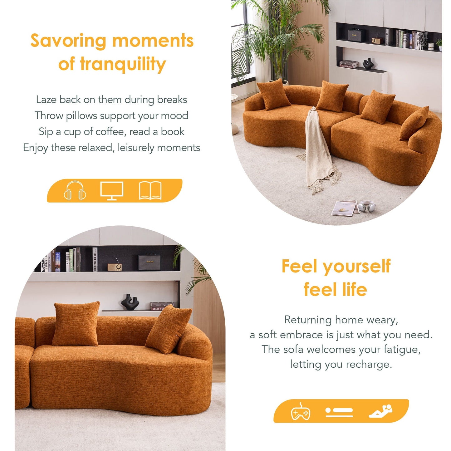 Curved Chenille Sectional Sofa — 4 Seater
