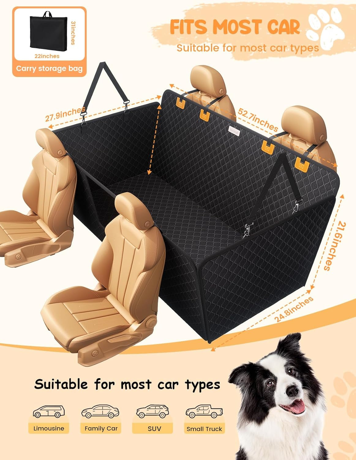 Dog Car Seat Cover for Back Seat with Hard Bottom for Car & SUV L | Upgraded Anti-Ripped Back Seat Extender for Dogs, Waterproof Dog Hammock for Car with Mesh Window, Pet Backseat Protector