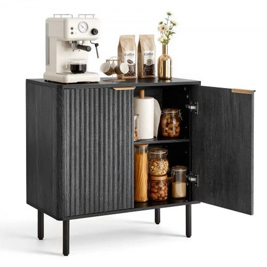 Black Fluted Mid-Century Coffee Bar Cabinet
