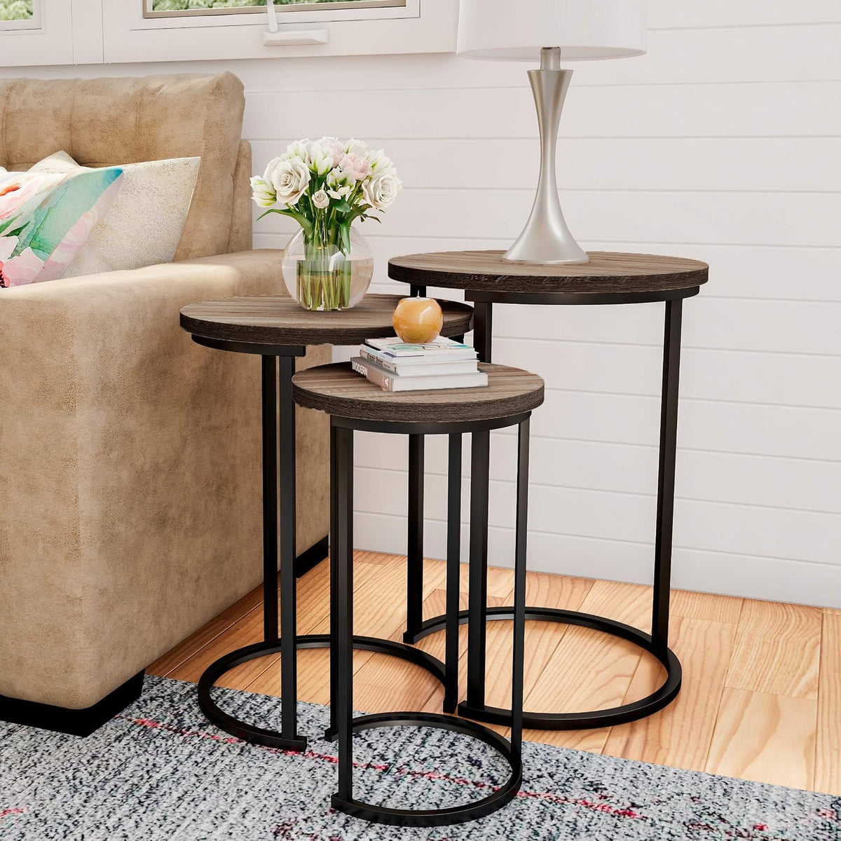Round Nesting Tables, Set of 3, Gray-Brown