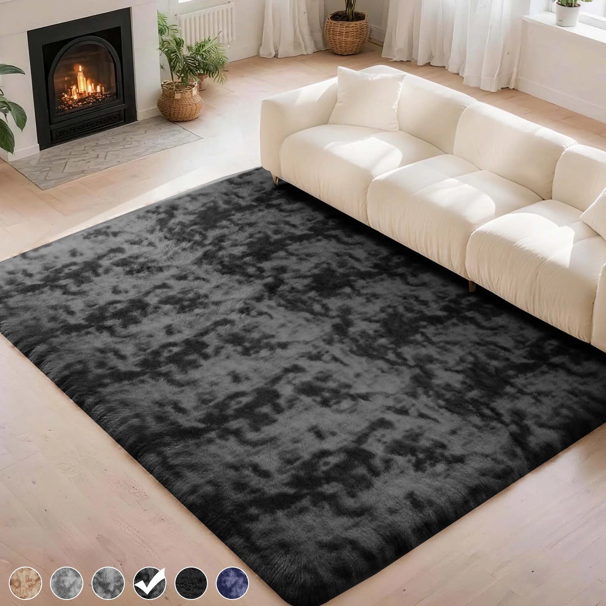 Plush Shag Area Rug, 5x8, Black Gray