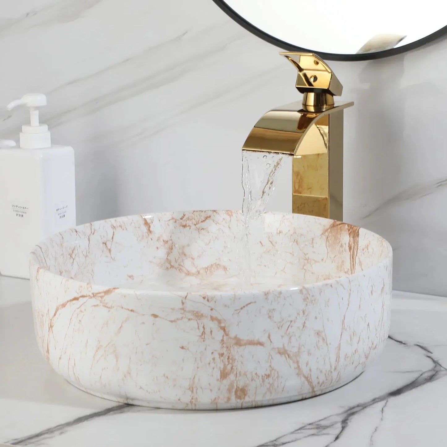 White Marble Ceramic Round Vessel Sink with Gold Waterfall Faucet | Countertop Bathroom Sink comfydesigners