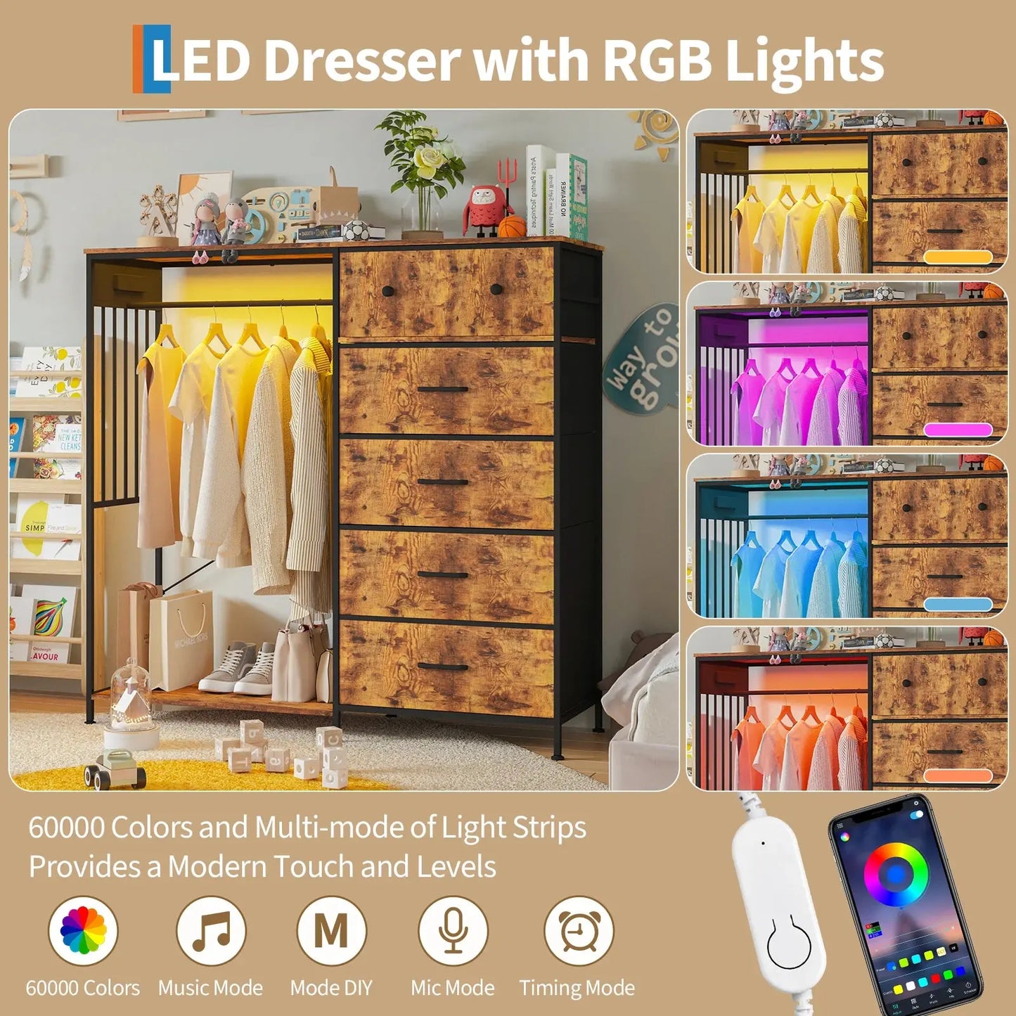Your Bedroom's New Overachiever — 6-Drawer Dresser with Hanging Rack, LED Lights & Charging Station comfydesigners