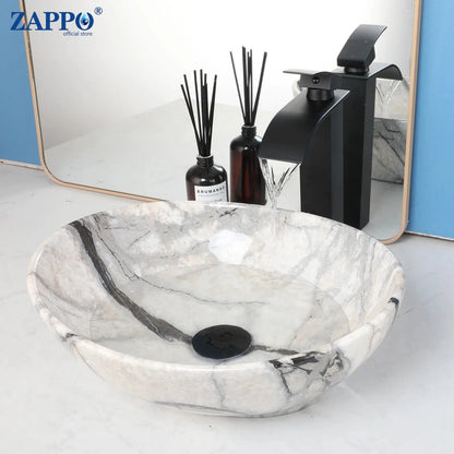 Hand-Painted Marble Ceramic Vessel Sink with Antique Brass Waterfall Faucet | Countertop Bathroom Sink comfydesigners
