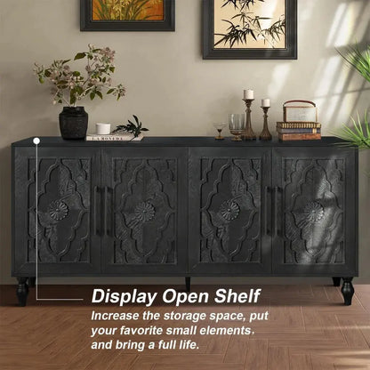 Sideboard Buffet Credenzas for Living Room, 63 Antique Black Entryway Table with Storage Accent Cabinet, Carved Flowers Doors & comfydesigners
