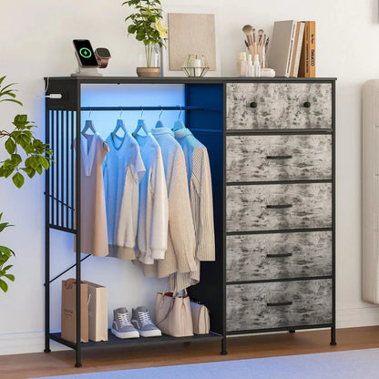Your Bedroom's New Overachiever — 6-Drawer Dresser with Hanging Rack, LED Lights & Charging Station comfydesigners