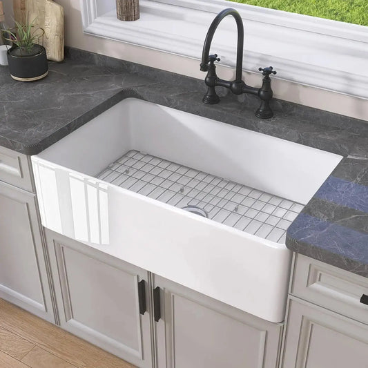 30" White Fireclay Farmhouse Kitchen Sink | Apron Front comfydesigners