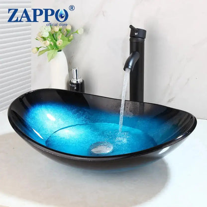 Hand-Painted Tempered Glass Vessel Sink with Waterfall Black Faucet | 22" Countertop Bathroom Sink comfydesigners