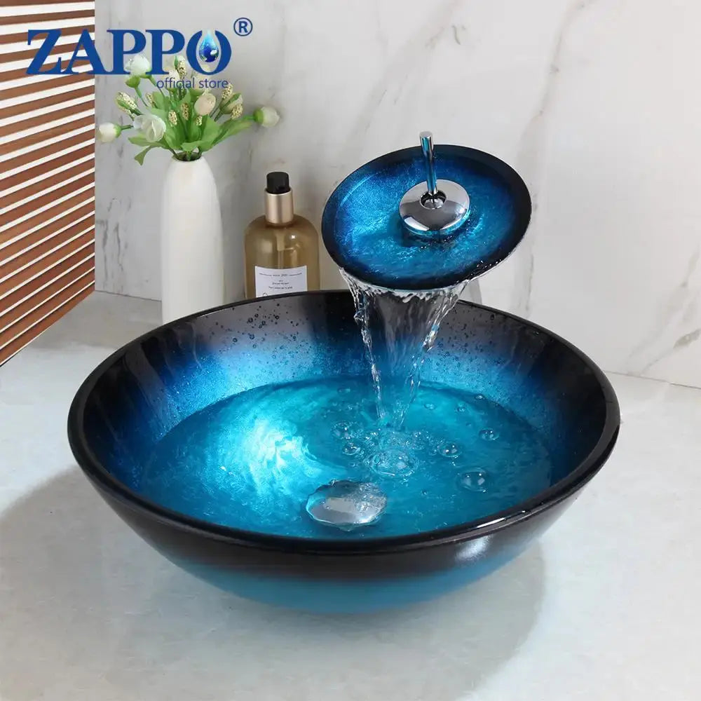 Hand-Painted Tempered Glass Vessel Sink with Waterfall Black Faucet | 22" Countertop Bathroom Sink comfydesigners