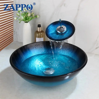 Hand-Painted Tempered Glass Vessel Sink with Waterfall Black Faucet | 22" Countertop Bathroom Sink comfydesigners