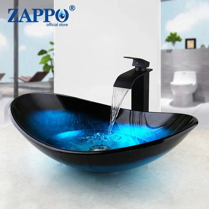 Hand-Painted Tempered Glass Vessel Sink with Waterfall Black Faucet | 22" Countertop Bathroom Sink comfydesigners