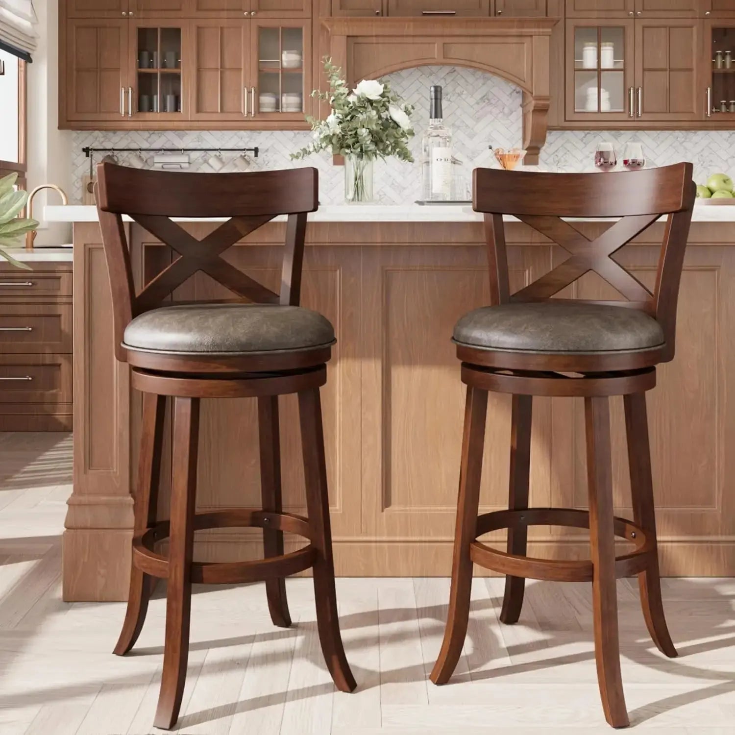 Swivel Wooden Bar Stools with Backs, Set of 2 comfydesigners