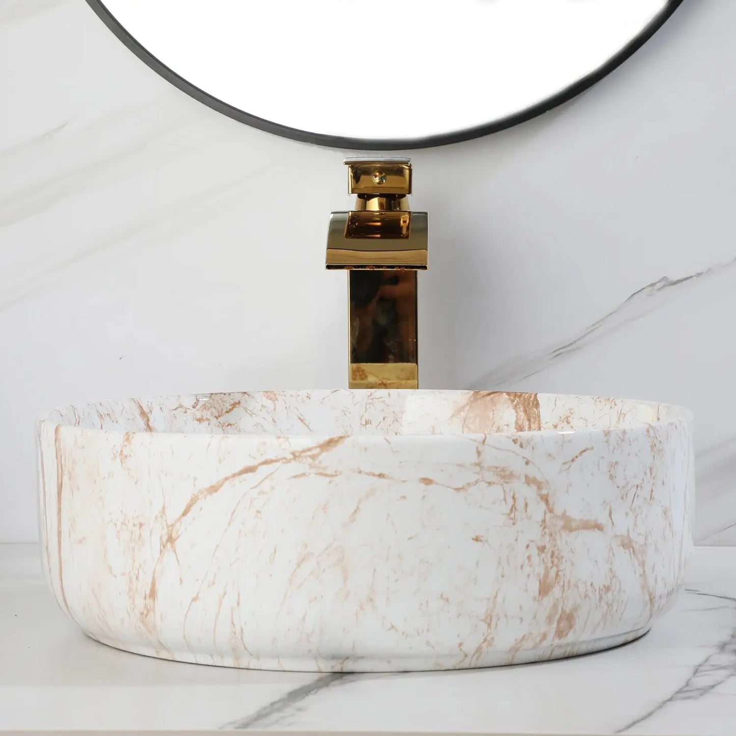 White Marble Ceramic Round Vessel Sink with Gold Waterfall Faucet | Countertop Bathroom Sink comfydesigners