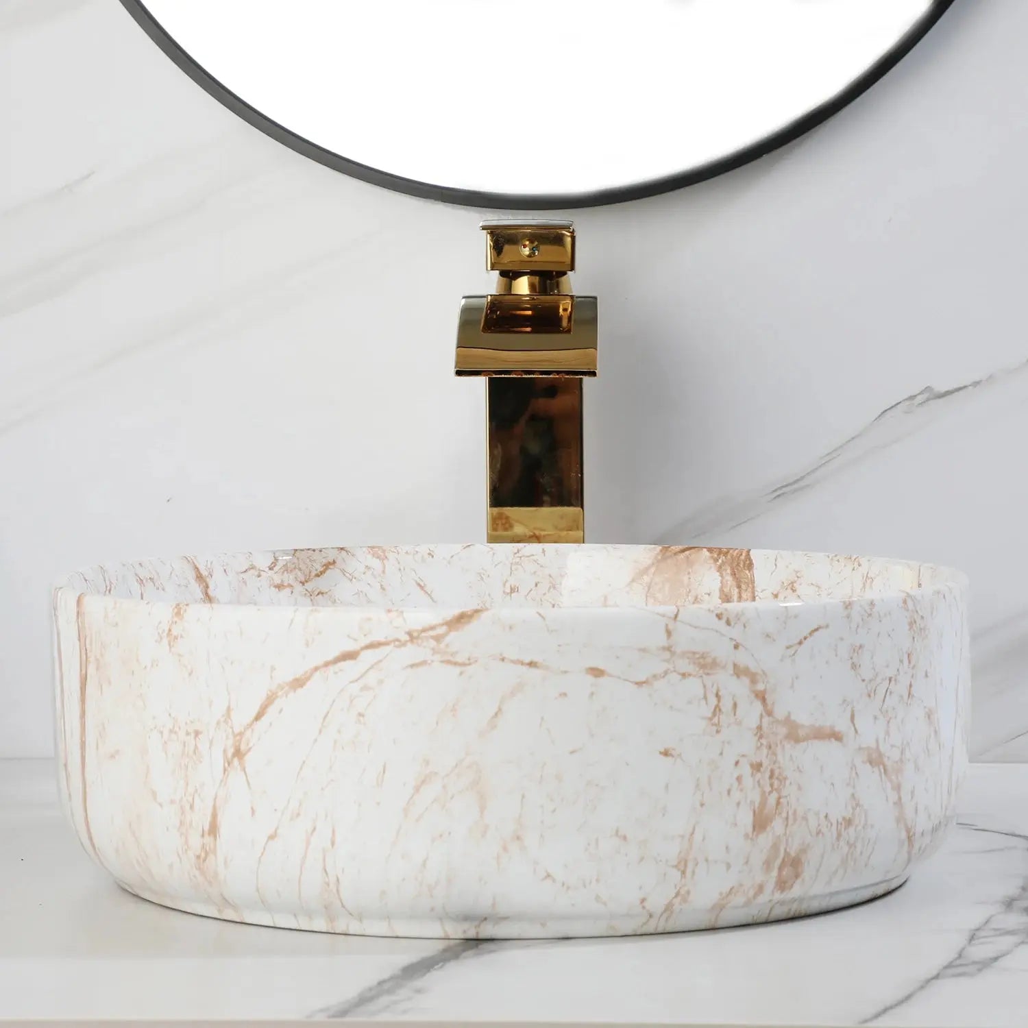 White Marble Ceramic Round Vessel Sink with Gold Waterfall Faucet | Countertop Bathroom Sink comfydesigners