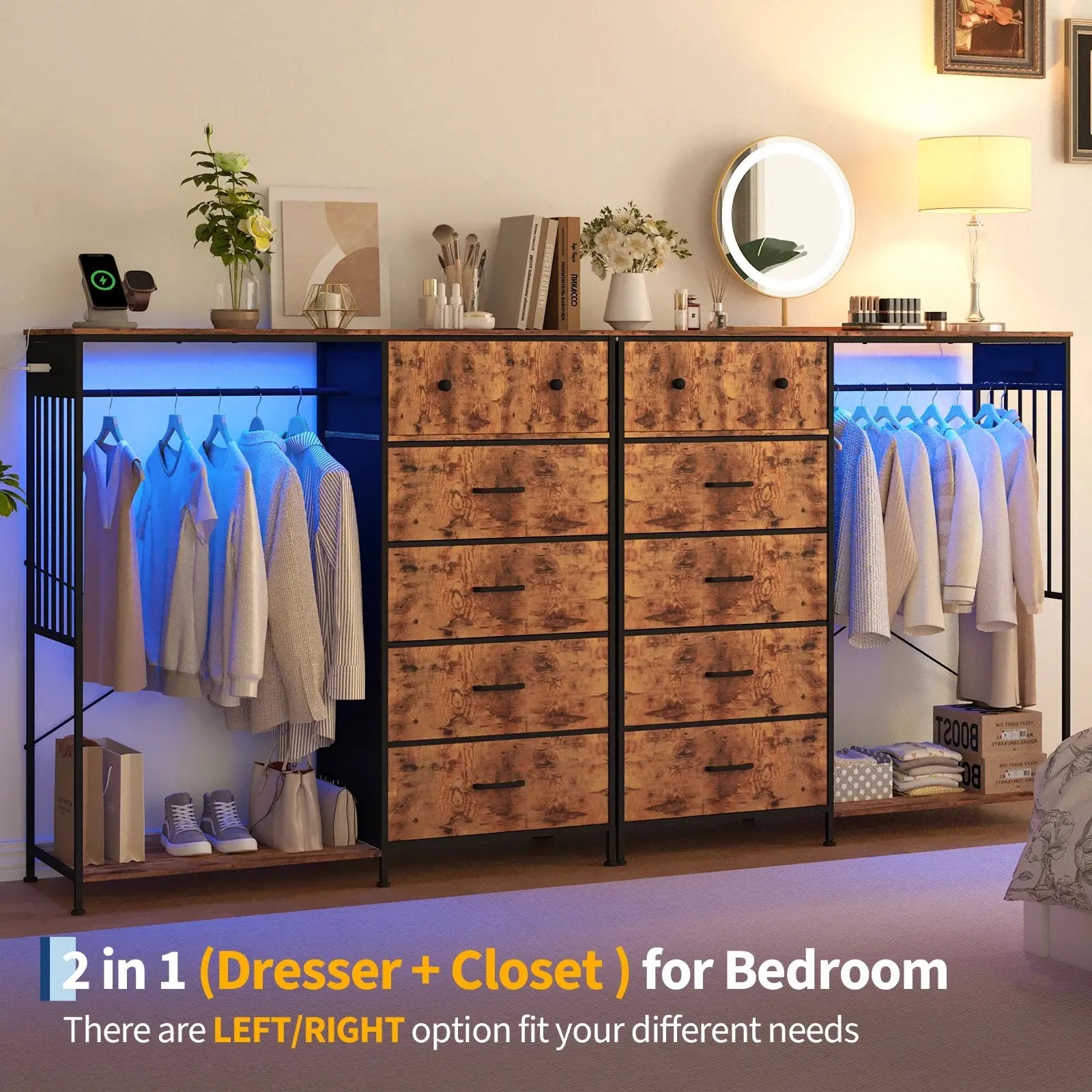 Your Bedroom's New Overachiever — 6-Drawer Dresser with Hanging Rack, LED Lights & Charging Station comfydesigners
