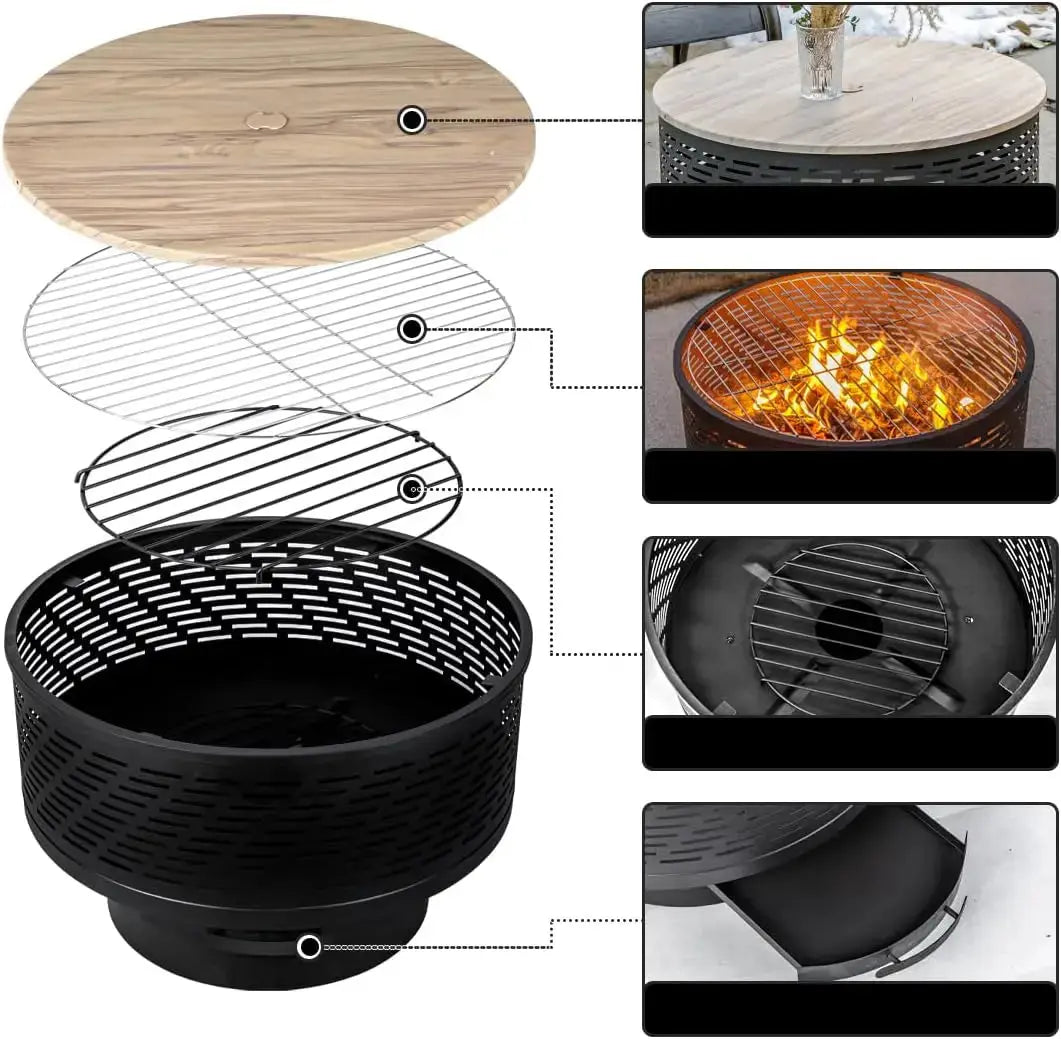 Bonfire. BBQ. Table. All in One. — 26" 3-in-1 Wood-Burning Fire Pit with Grill, Lid & Waterproof Cover comfydesigners