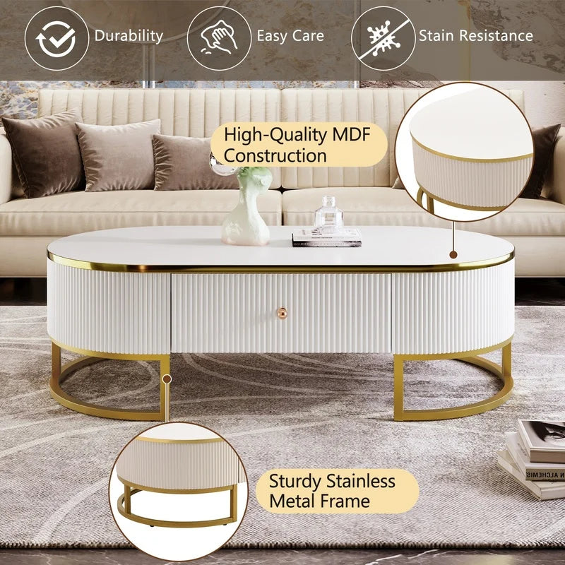 Oval Coffee Table — Gold Accents & Drawers