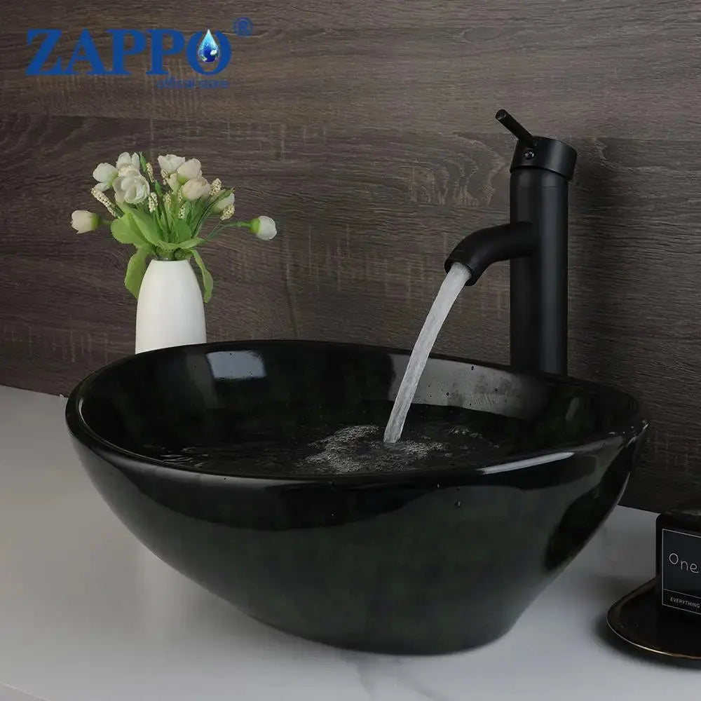 Hand-Painted Marble Ceramic Vessel Sink with Antique Brass Waterfall Faucet | Countertop Bathroom Sink comfydesigners