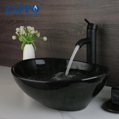 Hand-Painted Marble Ceramic Vessel Sink with Antique Brass Waterfall Faucet | Countertop Bathroom Sink comfydesigners