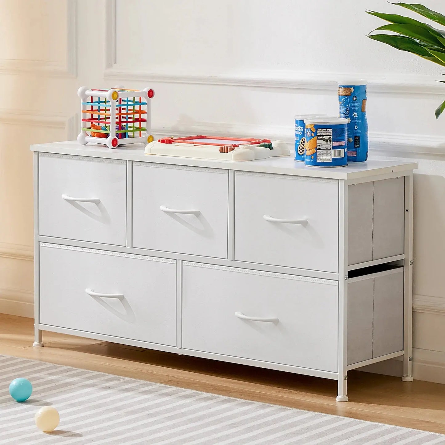 Refined Storage for the Modern Home — 5-Drawer Fabric Dresser with Steel Frame & Wooden Top comfydesigners