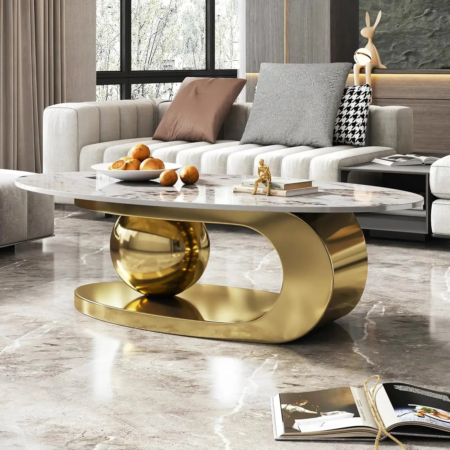 Oval Living Room Table with Faux Marble Top & Silver Stainless Steel Pedestal comfydesigners
