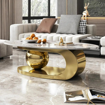 Oval Living Room Table with Faux Marble Top & Silver Stainless Steel Pedestal comfydesigners