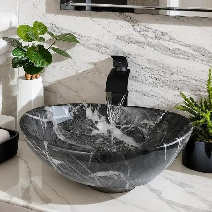 Hand-Painted Marble Ceramic Vessel Sink with Antique Brass Waterfall Faucet | Oval Countertop Bathroom Sink comfydesigners